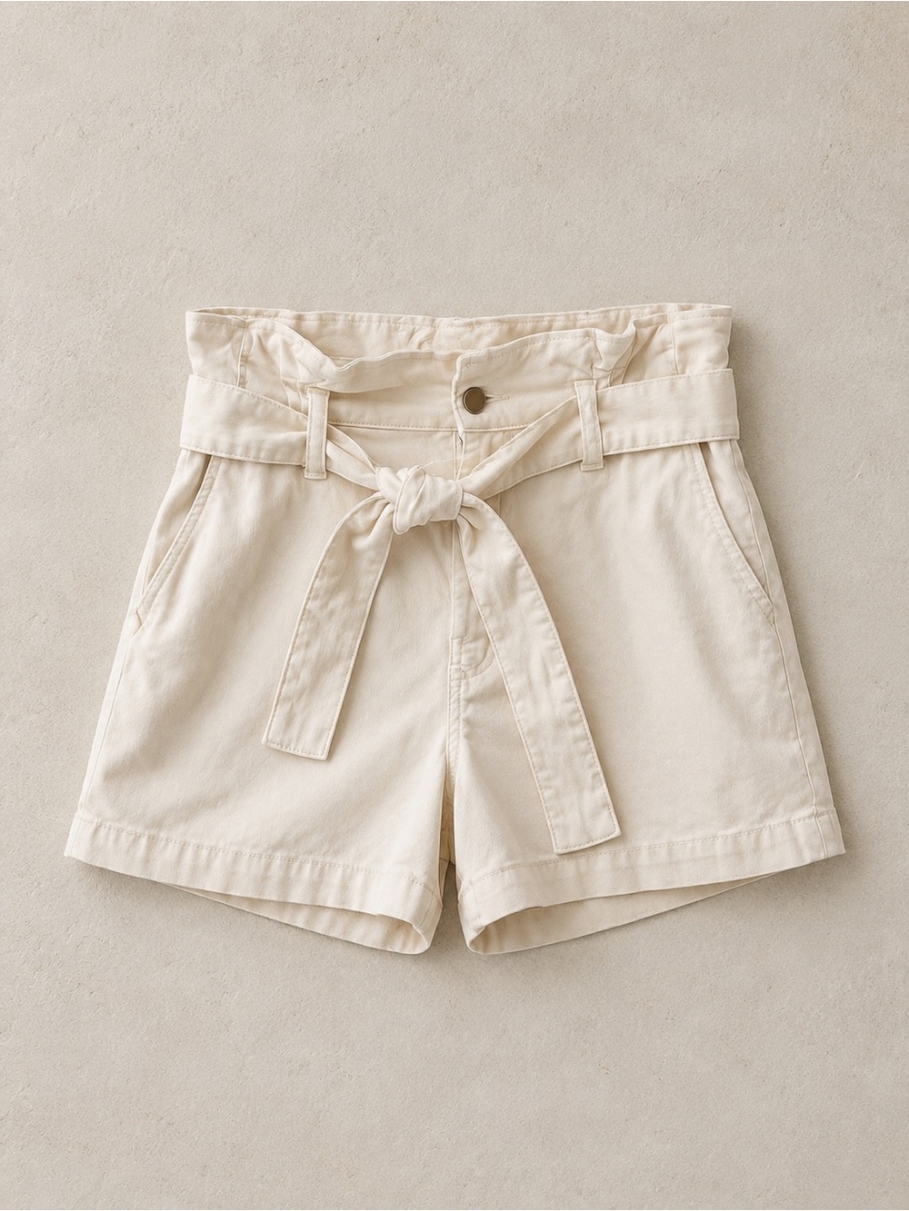 PAIGE Cream High-Waist Paperbag Tie Shorts